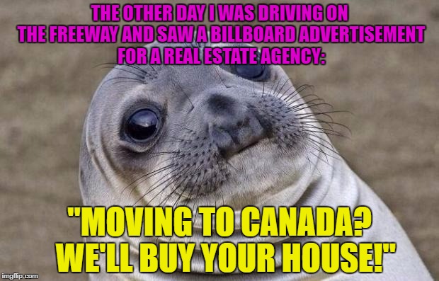 Awkward Moment Sealion Meme | THE OTHER DAY I WAS DRIVING ON THE FREEWAY AND SAW A BILLBOARD ADVERTISEMENT FOR A REAL ESTATE AGENCY: "MOVING TO CANADA?  WE'LL BUY YOUR HO | image tagged in memes,awkward moment sealion | made w/ Imgflip meme maker