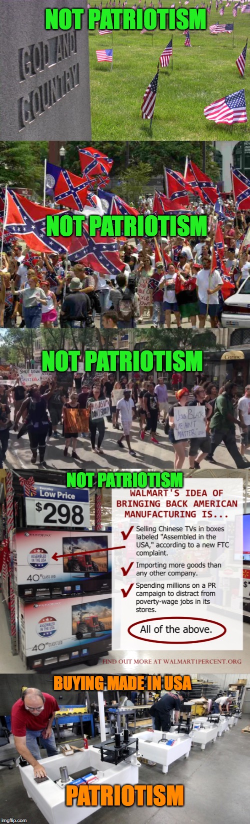 Patriotism Starts With Your Wallet | NOT PATRIOTISM; NOT PATRIOTISM; NOT PATRIOTISM; NOT PATRIOTISM; BUYING MADE IN USA; PATRIOTISM | image tagged in patriot,patriotism,made in usa,patriotic,walmart | made w/ Imgflip meme maker