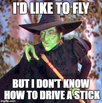 Wicked Witch |  I'D LIKE TO FLY; BUT I DON'T KNOW HOW TO DRIVE A STICK | image tagged in wicked witch | made w/ Imgflip meme maker