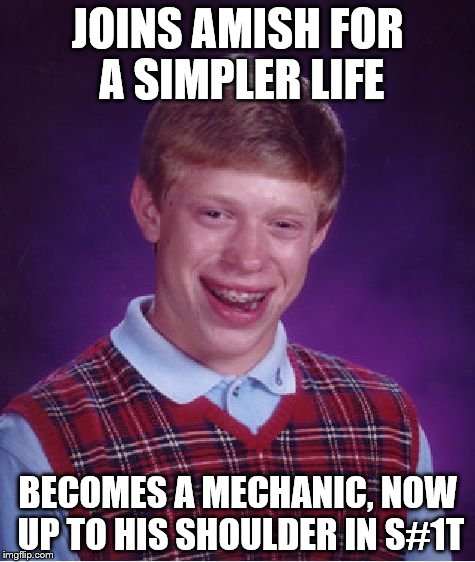 Look up Robin Williams - Amish Mechanic, it will all make sense | JOINS AMISH FOR A SIMPLER LIFE; BECOMES A MECHANIC, NOW UP TO HIS SHOULDER IN S#1T | image tagged in memes,bad luck brian | made w/ Imgflip meme maker