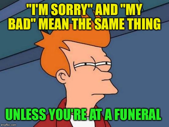 Futurama Fry Meme | "I'M SORRY" AND "MY BAD" MEAN THE SAME THING; UNLESS YOU'RE AT A FUNERAL | image tagged in memes,futurama fry | made w/ Imgflip meme maker