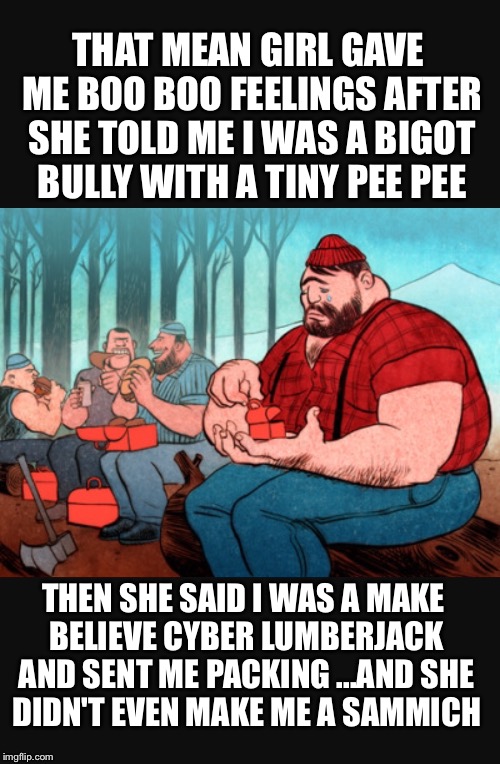 THAT MEAN GIRL GAVE ME BOO BOO FEELINGS AFTER SHE TOLD ME I WAS A BIGOT BULLY WITH A TINY PEE PEE; THEN SHE SAID I WAS A MAKE BELIEVE CYBER LUMBERJACK AND SENT ME PACKING ...AND SHE DIDN'T EVEN MAKE ME A SAMMICH | image tagged in lumberjack ego | made w/ Imgflip meme maker