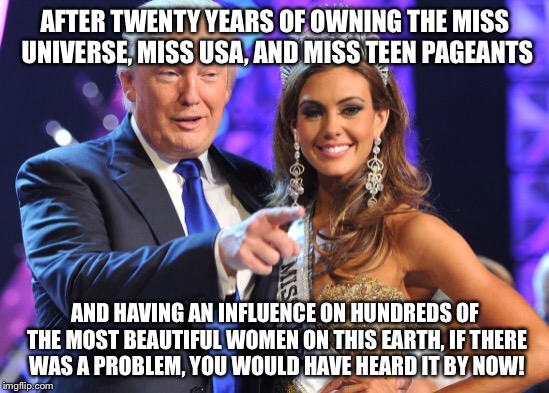 Donald trump | AFTER TWENTY YEARS OF OWNING THE MISS UNIVERSE, MISS USA, AND MISS TEEN PAGEANTS; AND HAVING AN INFLUENCE ON HUNDREDS OF THE MOST BEAUTIFUL WOMEN ON THIS EARTH,
IF THERE WAS A PROBLEM, YOU WOULD HAVE HEARD IT BY NOW! | image tagged in donald trump memes | made w/ Imgflip meme maker
