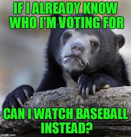 Confession Bear Meme | IF I ALREADY KNOW WHO I'M VOTING FOR CAN I WATCH BASEBALL INSTEAD? | image tagged in memes,confession bear | made w/ Imgflip meme maker