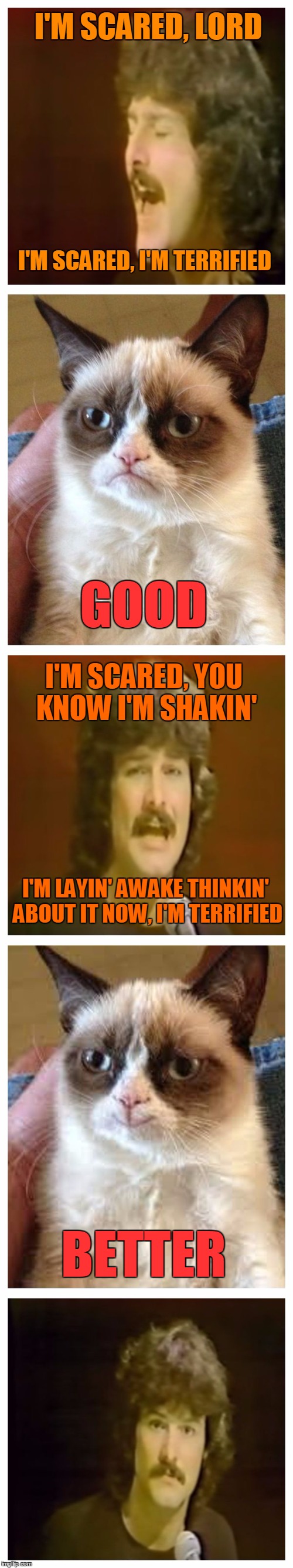 I'M SCARED, LORD; I'M SCARED, I'M TERRIFIED; GOOD; I'M SCARED, YOU KNOW I'M SHAKIN'; I'M LAYIN' AWAKE THINKIN' ABOUT IT NOW, I'M TERRIFIED; BETTER | image tagged in scared burton cummings mocked by grumpy cat,memes,grumpy cat,burton cummings | made w/ Imgflip meme maker