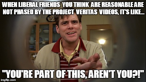 WHEN LIBERAL FRIENDS  YOU THINK  ARE REASONABLE ARE NOT PHASED BY THE PROJECT  VERITAS  VIDEOS, IT'S LIKE... "YOU'RE PART OF THIS, AREN'T YOU?!" | image tagged in project veritas | made w/ Imgflip meme maker