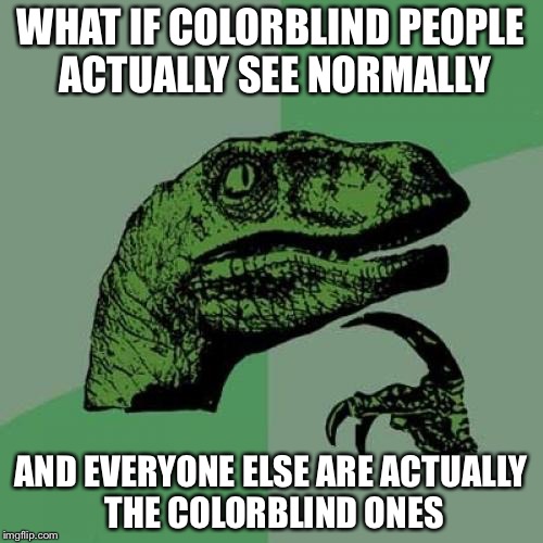 Philosoraptor Meme | WHAT IF COLORBLIND PEOPLE ACTUALLY SEE NORMALLY; AND EVERYONE ELSE ARE ACTUALLY THE COLORBLIND ONES | image tagged in memes,philosoraptor | made w/ Imgflip meme maker