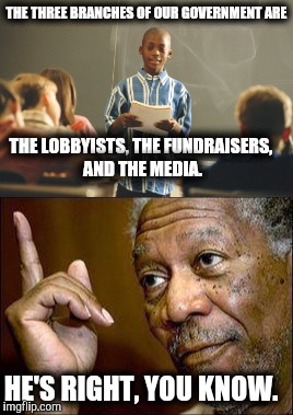 Modern civics | THE THREE BRANCHES OF OUR GOVERNMENT ARE; THE LOBBYISTS, THE FUNDRAISERS, AND THE MEDIA. HE'S RIGHT, YOU KNOW. | image tagged in school,civics,us government | made w/ Imgflip meme maker