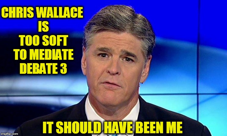 Sad Sean Hannity | CHRIS WALLACE IS TOO SOFT TO MEDIATE DEBATE 3; IT SHOULD HAVE BEEN ME | image tagged in sad sean hannity | made w/ Imgflip meme maker