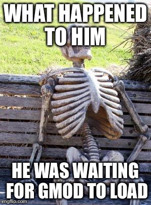 Waiting Skeleton Meme | WHAT HAPPENED TO HIM; HE WAS WAITING FOR GMOD TO LOAD | image tagged in memes,waiting skeleton | made w/ Imgflip meme maker