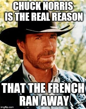 Chuck Norris Meme | CHUCK NORRIS IS THE REAL REASON; THAT THE FRENCH RAN AWAY | image tagged in chuck norris | made w/ Imgflip meme maker