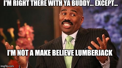 Steve Harvey Meme | I'M RIGHT THERE WITH YA BUDDY... EXCEPT... I'M NOT A MAKE BELIEVE LUMBERJACK | image tagged in memes,steve harvey | made w/ Imgflip meme maker