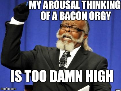 Too Damn High Meme | MY AROUSAL THINKING OF A BACON ORGY; IS TOO DAMN HIGH; YAHBLE | image tagged in memes,too damn high | made w/ Imgflip meme maker