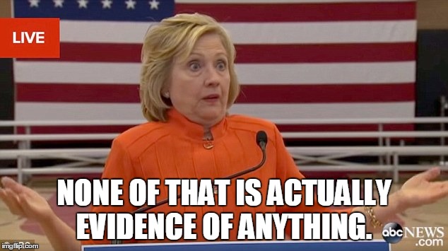 hillary shrug | NONE OF THAT IS ACTUALLY EVIDENCE OF ANYTHING. | image tagged in hillary shrug | made w/ Imgflip meme maker
