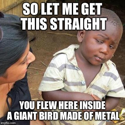 He is so damn skeptical. And we love him for it. | SO LET ME GET THIS STRAIGHT; YOU FLEW HERE INSIDE A GIANT BIRD MADE OF METAL | image tagged in memes,third world skeptical kid | made w/ Imgflip meme maker