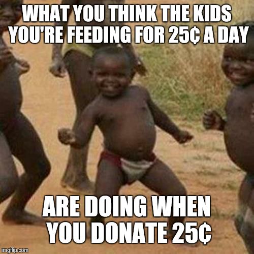 Third World Success Kid Meme | WHAT YOU THINK THE KIDS YOU'RE FEEDING FOR 25¢ A DAY; ARE DOING WHEN YOU DONATE 25¢ | image tagged in memes,third world success kid | made w/ Imgflip meme maker