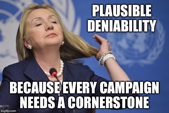 Yeah, it's like that... | PLAUSIBLE DENIABILITY; BECAUSE EVERY CAMPAIGN NEEDS A CORNERSTONE | image tagged in hillary,corruption | made w/ Imgflip meme maker