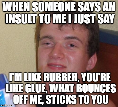 10 Guy Meme | WHEN SOMEONE SAYS AN INSULT TO ME I JUST SAY I'M LIKE RUBBER, YOU'RE LIKE GLUE, WHAT BOUNCES OFF ME, STICKS TO YOU | image tagged in memes,10 guy | made w/ Imgflip meme maker