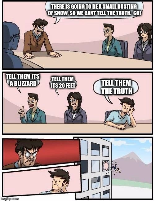 Boardroom Meeting Suggestion | THERE IS GOING TO BE A SMALL DUSTING OF SNOW, SO WE CANT TELL THE TRUTH.  GO! TELL THEM ITS A BLIZZARD; TELL THEM ITS 20 FEET; TELL THEM THE TRUTH | image tagged in memes,boardroom meeting suggestion | made w/ Imgflip meme maker