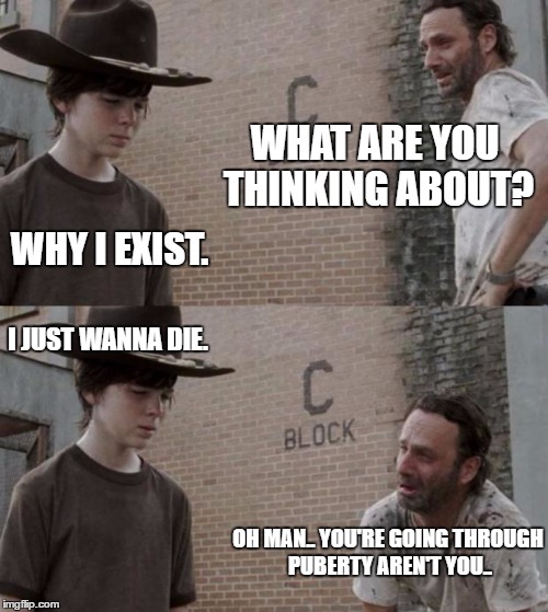 Rick and Carl | WHAT ARE YOU THINKING ABOUT? WHY I EXIST. I JUST WANNA DIE. OH MAN.. YOU'RE GOING THROUGH PUBERTY AREN'T YOU.. | image tagged in memes,rick and carl | made w/ Imgflip meme maker