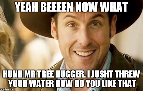 YEAH BEEEEN NOW WHAT HUNH MR TREE HUGGER. I JUSHT THREW YOUR WATER HOW DO YOU LIKE THAT | made w/ Imgflip meme maker