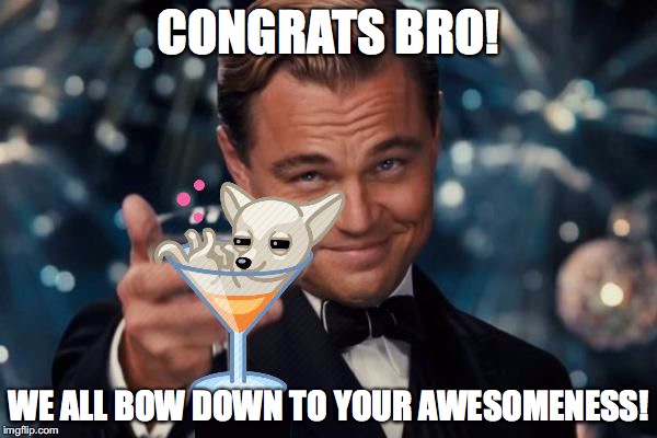 Leonardo di Caprio The Great Gatsby chihuahua martini | CONGRATS BRO! WE ALL BOW DOWN TO YOUR AWESOMENESS! | image tagged in leonardo di caprio the great gatsby chihuahua martini | made w/ Imgflip meme maker