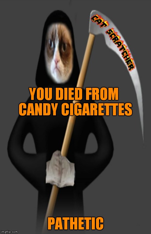 YOU DIED FROM CANDY CIGARETTES PATHETIC | image tagged in grumpy death | made w/ Imgflip meme maker