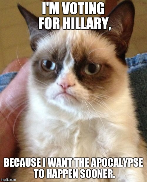 Grumpy Cat Meme | I'M VOTING FOR HILLARY, BECAUSE I WANT THE APOCALYPSE TO HAPPEN SOONER. | image tagged in memes,grumpy cat | made w/ Imgflip meme maker