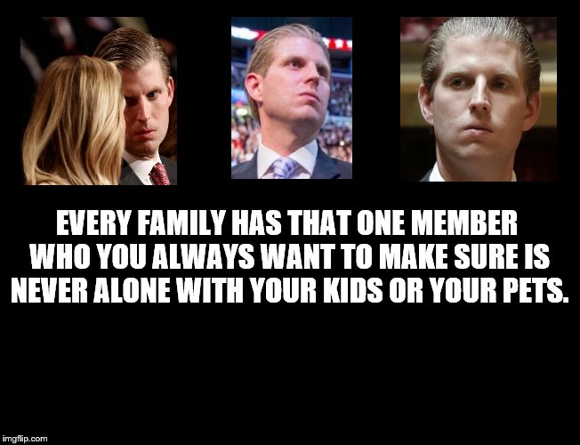 American Psycho. | EVERY FAMILY HAS THAT ONE MEMBER WHO YOU ALWAYS WANT TO MAKE SURE IS NEVER ALONE WITH YOUR KIDS OR YOUR PETS. | image tagged in eric trump,psycho,creepy | made w/ Imgflip meme maker