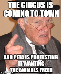 Back In My Day Meme | THE CIRCUS IS COMING TO TOWN AND PETA IS PROTESTING IT WANTING THE ANIMALS FREED | image tagged in memes,back in my day | made w/ Imgflip meme maker