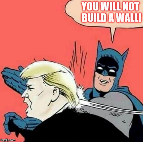 YOU WILL NOT BUILD A WALL! | image tagged in batman slapping robin,drumpf,trump | made w/ Imgflip meme maker