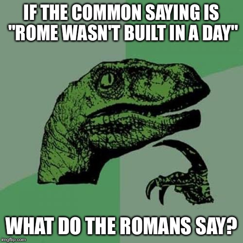 Philosoraptor Meme | IF THE COMMON SAYING IS "ROME WASN'T BUILT IN A DAY"; WHAT DO THE ROMANS SAY? | image tagged in memes,philosoraptor | made w/ Imgflip meme maker