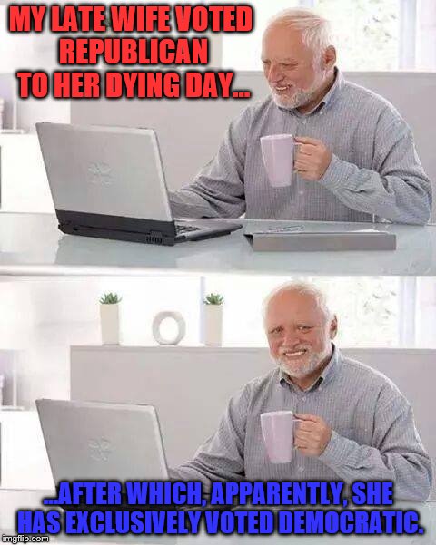 Don't worry, Harold. I'm sure she has her reasons. The system's fine.  | MY LATE WIFE VOTED REPUBLICAN TO HER DYING DAY... ...AFTER WHICH, APPARENTLY, SHE HAS EXCLUSIVELY VOTED DEMOCRATIC. | image tagged in memes,hide the pain harold,president 2016,hillary clinton,fraud,civil war | made w/ Imgflip meme maker