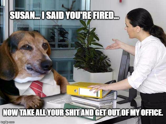 SUSAN... I SAID YOU'RE FIRED... NOW TAKE ALL YOUR SHIT AND GET OUT OF MY OFFICE. | made w/ Imgflip meme maker
