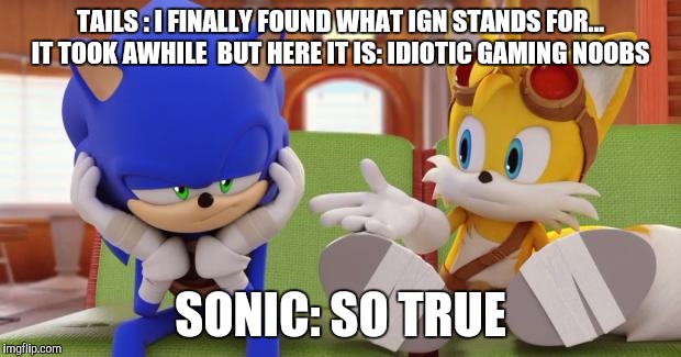 Sonic's Reaction To The Secret Behind The Result of 21-1 | TAILS : I FINALLY FOUND WHAT IGN STANDS FOR... IT TOOK AWHILE  BUT HERE IT IS: IDIOTIC GAMING NOOBS; SONIC: SO TRUE | image tagged in sonic's reaction to the secret behind the result of 21-1 | made w/ Imgflip meme maker