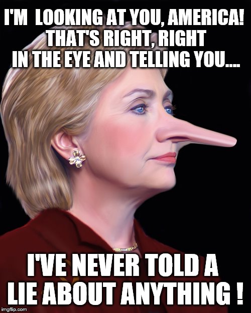 Lyin' Hillary telling it like it is! |  I'M  LOOKING AT YOU, AMERICA! THAT'S RIGHT, RIGHT IN THE EYE AND TELLING YOU.... I'VE NEVER TOLD A LIE ABOUT ANYTHING ! | image tagged in lyin' hillary,memes,election 2016,clinton vs trump civil war,hillary clinton,donald trump | made w/ Imgflip meme maker