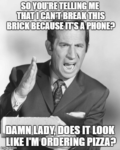 SO YOU'RE TELLING ME THAT I CAN'T BREAK THIS BRICK BECAUSE IT'S A PHONE? DAMN LADY, DOES IT LOOK LIKE I'M ORDERING PIZZA? | image tagged in get smart | made w/ Imgflip meme maker