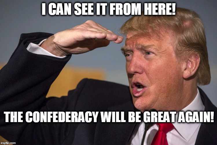 trump looking | I CAN SEE IT FROM HERE! THE CONFEDERACY WILL BE GREAT AGAIN! | image tagged in trump salute,confederacy,trump,make america great again,trump 2016 | made w/ Imgflip meme maker