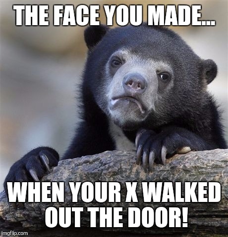 BEAR truth concerning divorce/ breakup! | THE FACE YOU MADE... WHEN YOUR X WALKED OUT THE DOOR! | image tagged in memes,confession bear | made w/ Imgflip meme maker