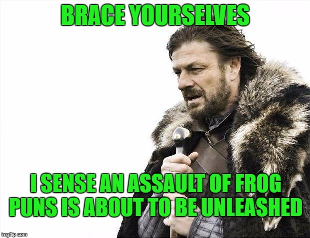 Brace Yourselves X is Coming Meme | BRACE YOURSELVES I SENSE AN ASSAULT OF FROG PUNS IS ABOUT TO BE UNLEASHED | image tagged in memes,brace yourselves x is coming | made w/ Imgflip meme maker