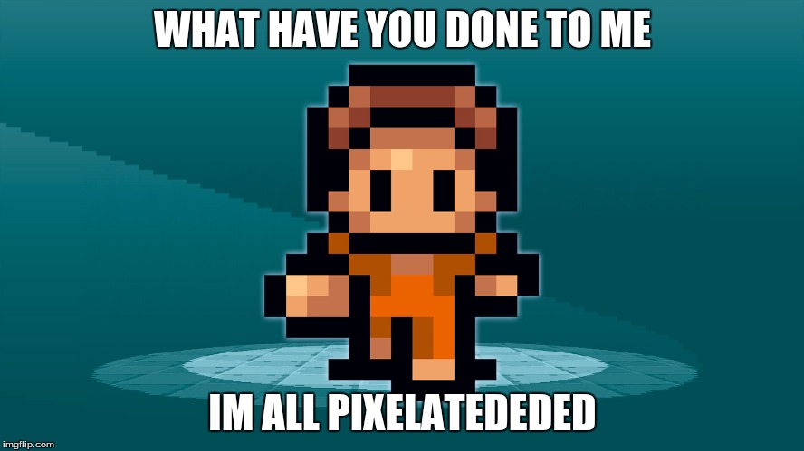 escapists man | WHAT HAVE YOU DONE TO ME; IM ALL PIXELATEDEDED | image tagged in the escapists | made w/ Imgflip meme maker