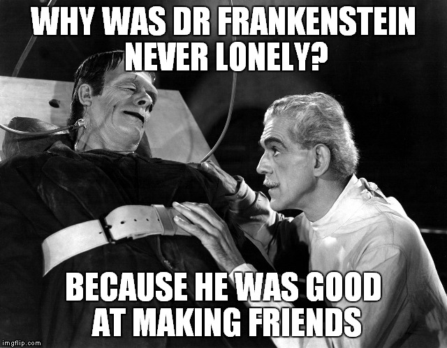 WHY WAS DR FRANKENSTEIN NEVER LONELY? BECAUSE HE WAS GOOD AT MAKING FRIENDS | image tagged in frank and his friend | made w/ Imgflip meme maker