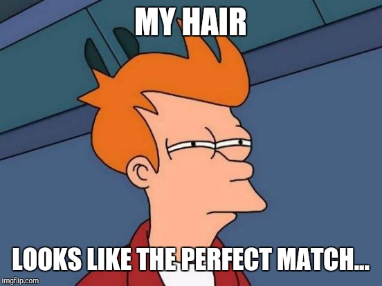Futurama Fry Meme | MY HAIR LOOKS LIKE THE PERFECT MATCH... | image tagged in memes,futurama fry | made w/ Imgflip meme maker