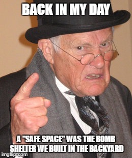 Back In My Day Meme | BACK IN MY DAY; A "SAFE SPACE" WAS THE BOMB SHELTER WE BUILT IN THE BACKYARD | image tagged in memes,back in my day | made w/ Imgflip meme maker