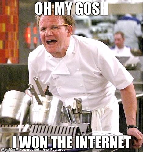 Chef Gordon Ramsay | OH MY GOSH; I WON THE INTERNET | image tagged in memes,chef gordon ramsay | made w/ Imgflip meme maker