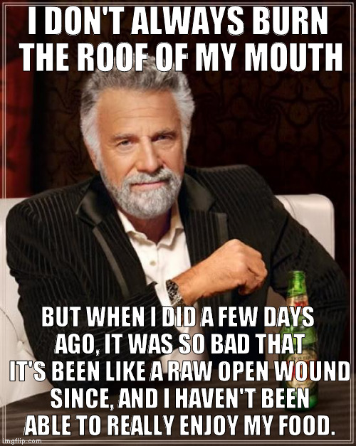 The Most Interesting Man In The World | I DON'T ALWAYS BURN THE ROOF OF MY MOUTH; BUT WHEN I DID A FEW DAYS AGO, IT WAS SO BAD THAT IT'S BEEN LIKE A RAW OPEN WOUND SINCE, AND I HAVEN'T BEEN ABLE TO REALLY ENJOY MY FOOD. | image tagged in memes,the most interesting man in the world | made w/ Imgflip meme maker