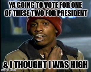 Y'all Got Any More Of That | YA GOING TO VOTE FOR ONE OF THESE TWO FOR PRESIDENT; & I THOUGHT I WAS HIGH | image tagged in memes,yall got any more of | made w/ Imgflip meme maker