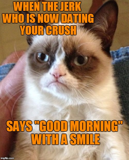 GRRRRRRR | WHEN THE JERK WHO IS NOW DATING YOUR CRUSH; SAYS "GOOD MORNING" WITH A SMILE | image tagged in memes,grumpy cat | made w/ Imgflip meme maker