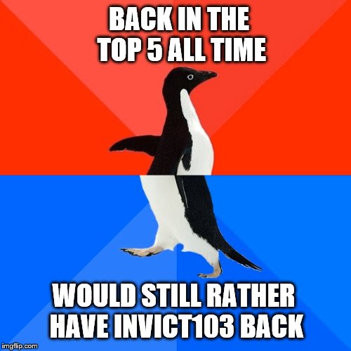 Socially Awesome Awkward Penguin Meme | BACK IN THE TOP 5 ALL TIME; WOULD STILL RATHER HAVE INVICT103 BACK | image tagged in memes,socially awesome awkward penguin | made w/ Imgflip meme maker