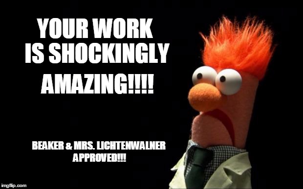 Beaker shocked face | YOUR WORK IS SHOCKINGLY; AMAZING!!!! BEAKER & MRS. LICHTENWALNER APPROVED!!! | image tagged in beaker shocked face | made w/ Imgflip meme maker